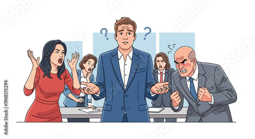Confused businessman in middle of angry colleagues arguing.