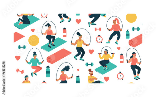 rope skipping motifs seamless pattern, repeating pattern, surface design, textile print, modern illustration of people exercising with jump ropes, sneakers,