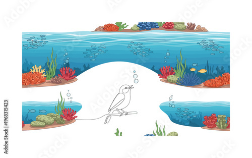 underwater dynamics seamless pattern, repeating pattern, surface design, textile print, modern illustration of fish schools, coral, bubbles, aquatic plants and