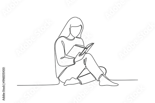 Book Lover. Minimalistic one-line drawing individual sitting with book in lap, reading attentively, continuous single black line on white background, simple