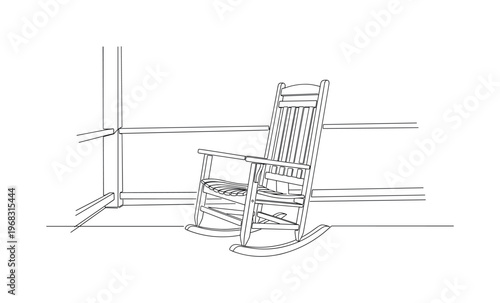 Porch Chair. Minimalistic one-line drawing wooden rocker placed outdoors, continuous single black line on white background, simple outline style, no shading,