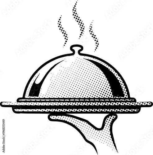 Foto Hand holding a covered dish with steam rising in a vintage comic book style food