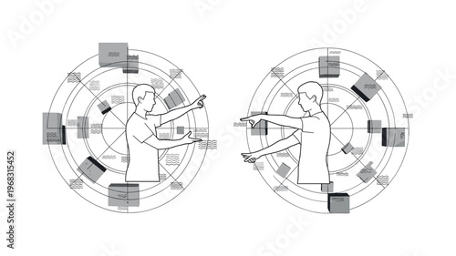 gestural mimicry circular grids abstract blocks and thin wave icons detailed monochrome individual copying hand and arm movements of another person with white