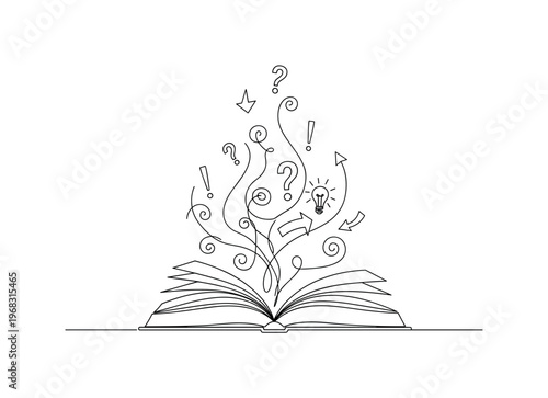 Storytelling Techniques. Minimalistic one-line drawing open book with swirling narrative lines and abstract symbols above, continuous single black line on