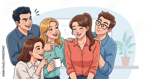 Group of friends laughing and enjoying each others company.