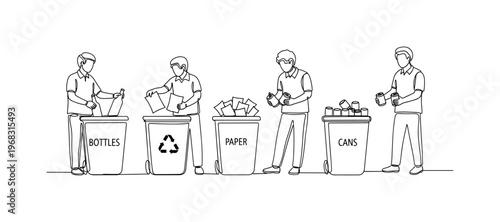 Eco Program Launch. Minimalistic one-line drawing community members arranging bottles, paper, and cans into recycling bins, continuous single black line on