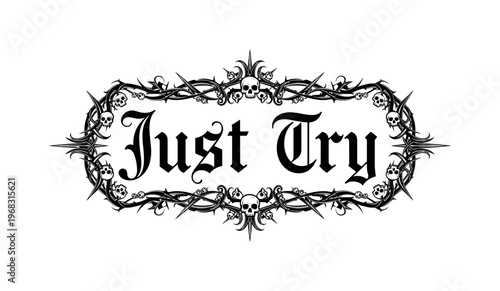 Just Try. lettering and all elements in black. Vector style. AWhite background. Pure white background. Perfect isolation and visual consistency.