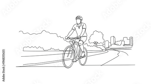 Casual Ride. Minimalistic one-line drawing cyclist riding leisurely on park or city trail, continuous single black line on white background, simple outline