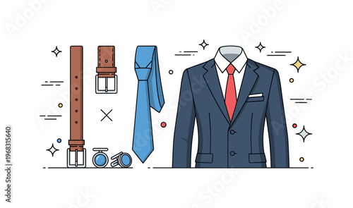 Tailored outfits accessory pairing scene where belts, ties, and cufflinks are arranged with a tailored suit while small sparkle and line icons emphasize