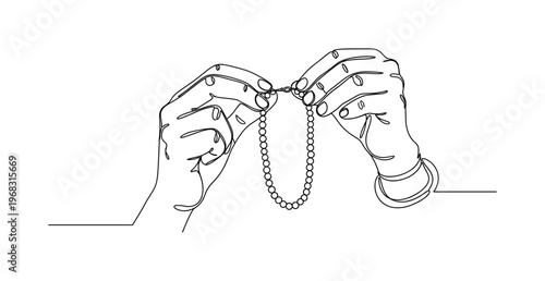 Handmade Accessories. Minimalistic one-line drawing individual assembling beads and wire for necklace, continuous single black line on white background, simple