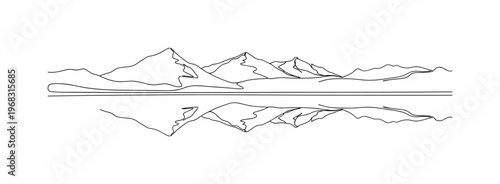 Serene Lake. Minimalistic one-line drawing peaceful lake with reflection and mountains in background, continuous single black line on white background, simple