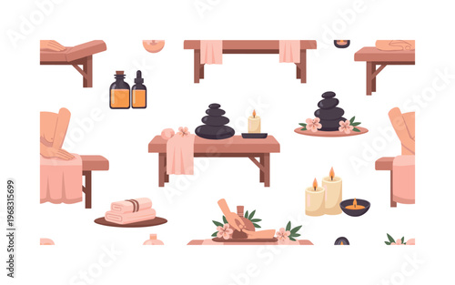 wellness therapy seamless pattern, repeating pattern, surface design, textile print, modern illustration of massage tables, essential oils, spa stones, hands