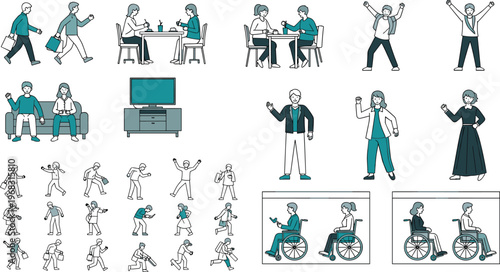 People Daily Activities Illustration Set with Walking, Meeting, Exercising and Wheelchair Users, Modern Lifestyle and Accessibility Vector Collection