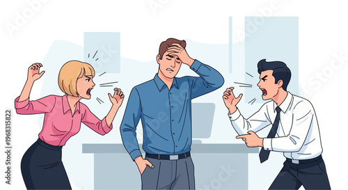 Man stressed between arguing colleagues in office setting.
