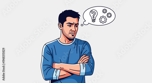 Man thinking with gears and question marks in thought bubble.