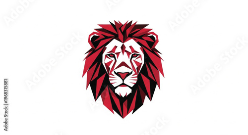 This striking vector illustration features a front-facing lion's head rendered in a bold, geometric style. Using a vibrant palette of red, black, and white, the sharp facets create a powerful and mode