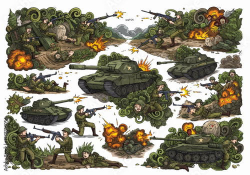 Military tanks and soldiers engage in intense combat operations in a war-torn landscape with explosions and gunfire.