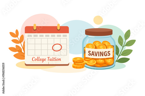 College Tuition Savings Calendar and Jar Full of Coins.