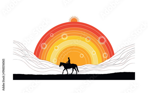 sunset horseback ride circular grids thin lines and abstract sun icons realistic black and white rider silhouetted on horse against glowing sunset in natural