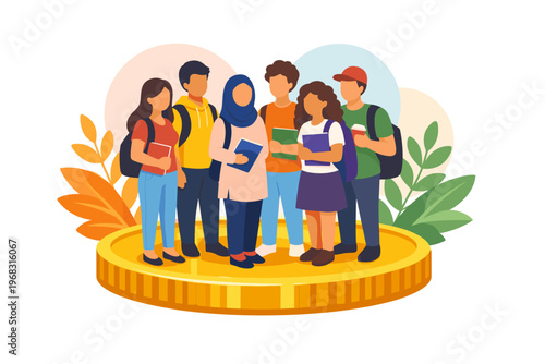 Diverse group of students standing on a golden coin representing education funding.