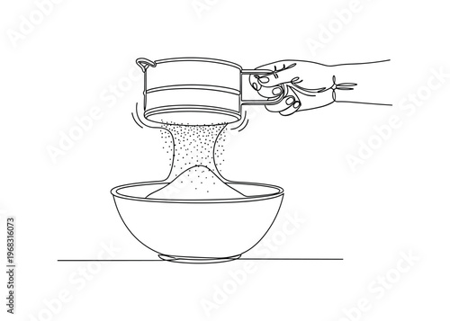 Sifting Motion. Minimalistic one-line drawing hand moving sifter back and forth over bowl with flour falling, continuous single black line on white background,