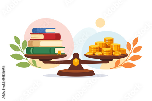 Books and coins balanced on a scale representing education versus wealth.