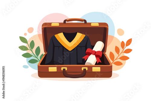Graduation Cap Gown and Diploma in Open Briefcase Ready for Travel.