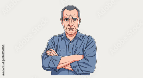 Sad Man With Arms Crossed Looking Directly Forward.