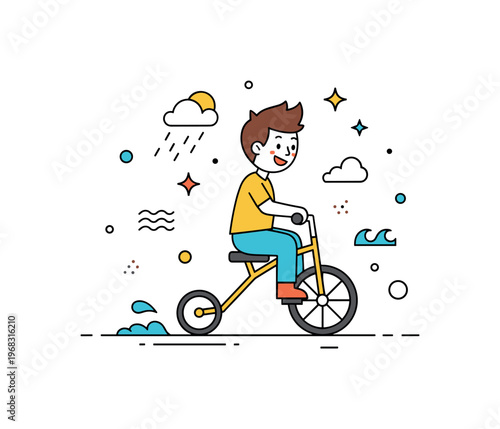 Tricycle ride rainy day fun concept where a child rides on wet pavement with tiny sparkle and wave icons highlighting adventure, resilience, and playful