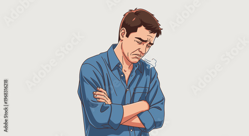 Sad Man With Arms Crossed Looking Down.