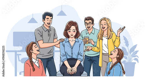 Sad Woman Surrounded by Mocking Colleagues at Work.