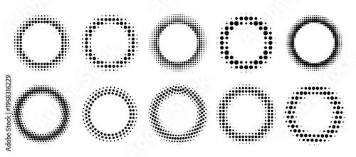 Circle halftone pattern with dot gradient. Round frame border featuring radial geometric design, abstract vignette effect, and comic style graphic elements for digital projects.