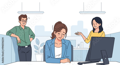 Sad woman in office with colleagues looking on.