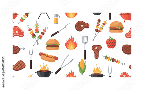 BBQ icons seamless pattern, repeating pattern, surface design, textile print, modern illustration of grilled meat, vegetables, skewers, burgers, hot dogs,