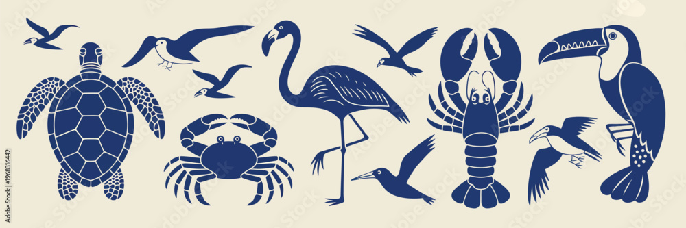 Fototapeta premium Tropical marine animal silhouette set showcasing crab, turtle, flamingo, toucan, lobster, starfish, and birds in strong blue silhouettes, presented in a minimal vector style 