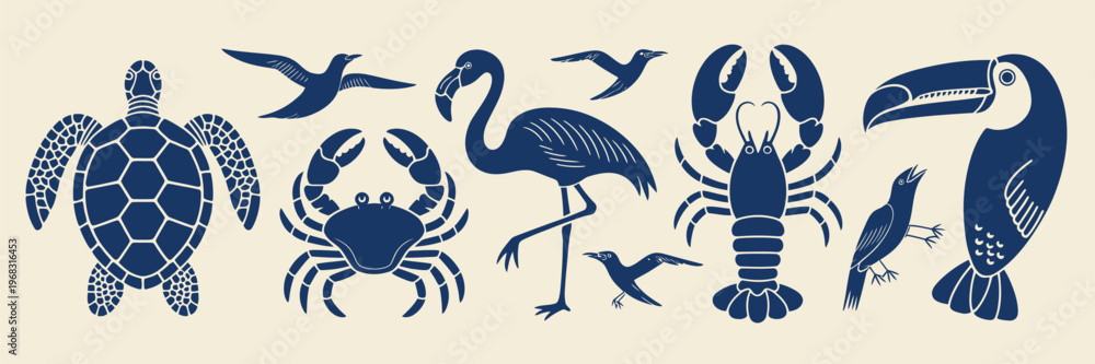 Fototapeta premium Tropical marine animal silhouette set in bold blue, including crab, turtle, flamingo, toucan, lobster, starfish, and birds, designed in a clean vector style ideal for beach themes