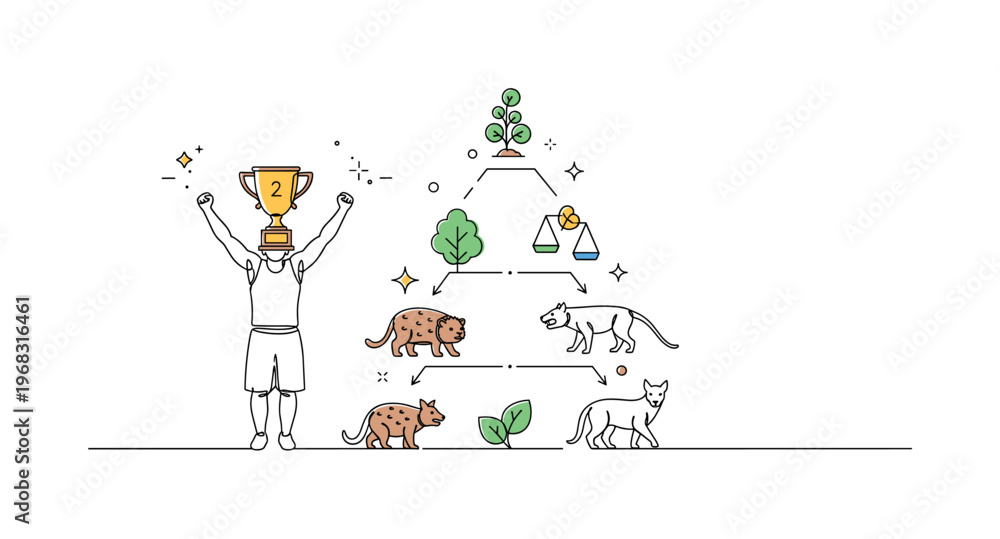 Fototapeta premium Victory Celebration. Minimalistic one-line drawing athlete holding trophy or medal with arms raised in triumph, continuous single black line on white
