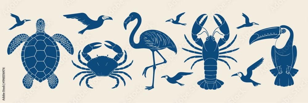 Fototapeta premium Tropical marine animal silhouette set featuring bold blue silhouettes of crab, turtle, flamingo, toucan, lobster, starfish, and birds, crafted as a cohesive vector 
