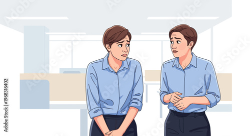Two women in blue shirts looking worried in an office setting.
