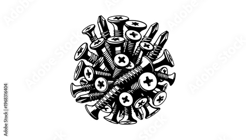 Screw illustration of a pile of screws in black and white