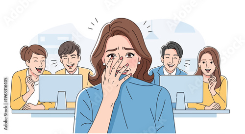Woman Crying in Office Surrounded by Mocking Colleagues.