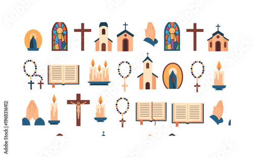 holy motifs seamless pattern, repeating pattern, surface design, textile print, modern illustration of churches, crosses, Bibles, stained glass, candles,