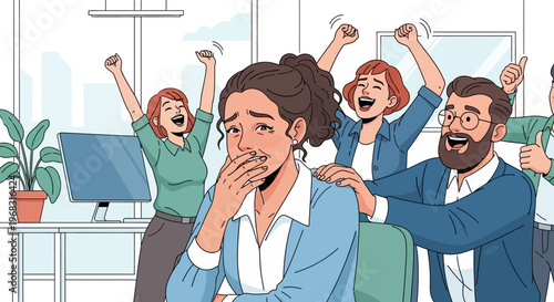 Woman distressed amidst celebrating colleagues in office.