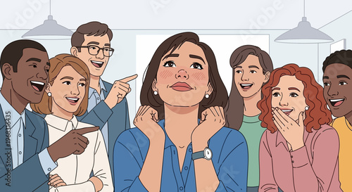 Woman feeling anxious surrounded by mocking people.