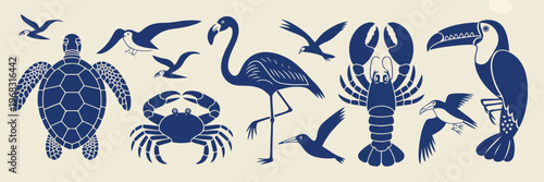 Tropical marine animal silhouette set showcasing crab, turtle, flamingo, toucan, lobster, starfish, and birds in strong blue silhouettes, presented in a minimal vector style 