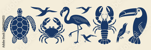 Tropical marine animal silhouette set in bold blue, including crab, turtle, flamingo, toucan, lobster, starfish, and birds, designed in a clean vector style ideal for beach themes