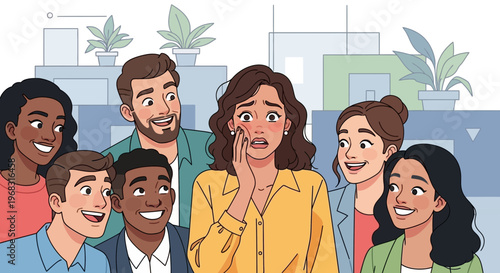 Woman feeling anxious surrounded by smiling people.