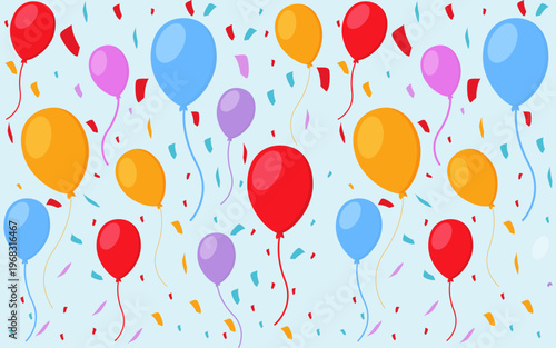 Colorful balloons and confetti celebration background flat design vector illustration