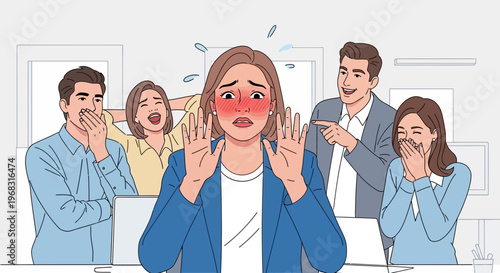 Woman feeling embarrassed and overwhelmed by colleagues mocking her.