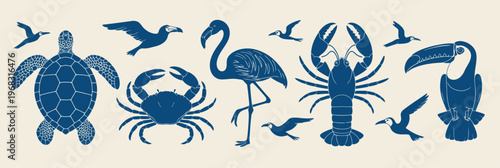 Tropical marine animal silhouette set featuring bold blue silhouettes of crab, turtle, flamingo, toucan, lobster, starfish, and birds, crafted as a cohesive vector 